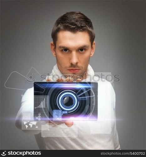 bright picture of futuristic man with gadget