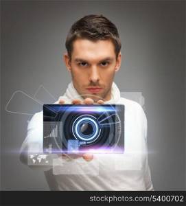 bright picture of futuristic man with gadget