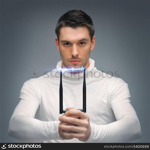 bright picture of futuristic man with stun gun