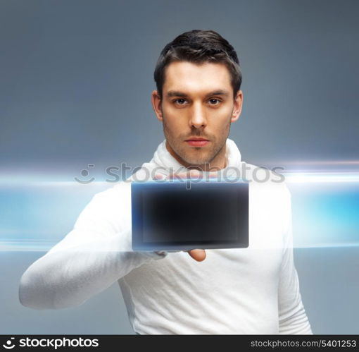 bright picture of futuristic man with tablet pc