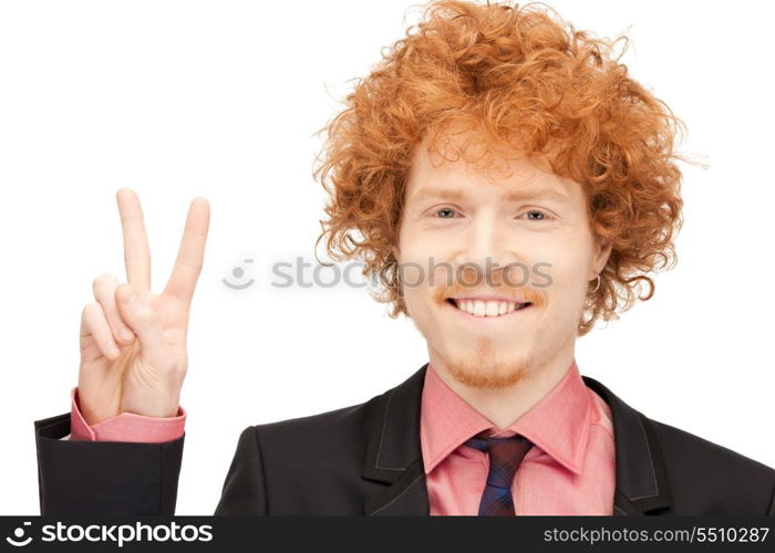 bright picture of handsome man showing victory sign