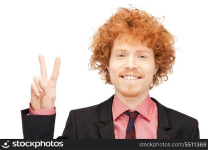 bright picture of handsome man showing victory sign