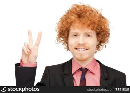 bright picture of handsome man showing victory sign