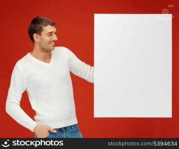 bright picture of handsome man with big blank board.