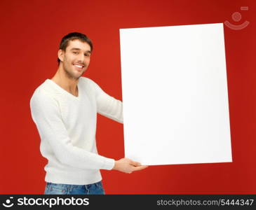 bright picture of handsome man with big blank board.