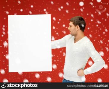 bright picture of handsome man with big blank board.