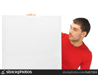 bright picture of handsome man with big blank board.