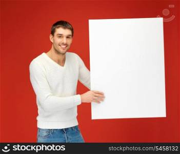 bright picture of handsome man with big blank board.