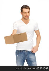 bright picture of handsome man with box.