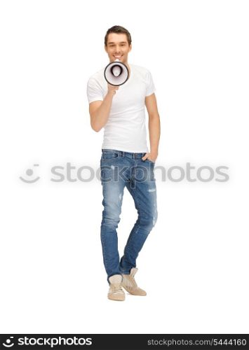 bright picture of handsome man with megaphone. .