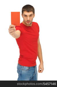 bright picture of handsome man with red card.