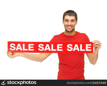 bright picture of handsome man with sale sign.