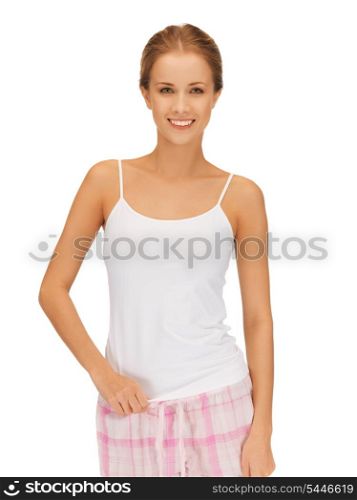 bright picture of happy and smiling woman in cotton pajamas