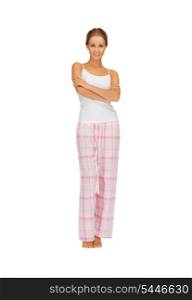 bright picture of happy and smiling woman in cotton pajamas