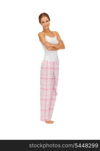 bright picture of happy and smiling woman in cotton pajamas