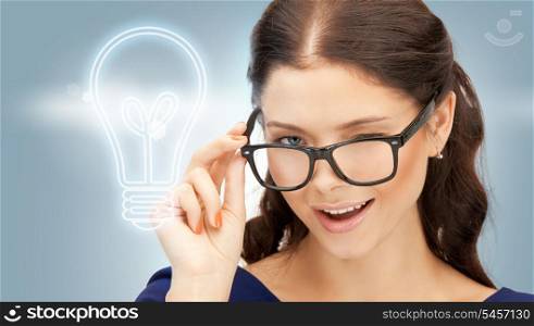 bright picture of happy and smiling woman in specs