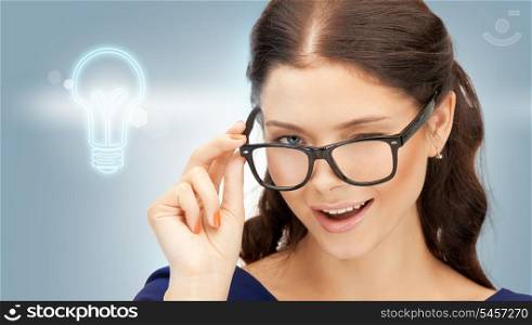 bright picture of happy and smiling woman in specs