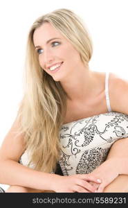 bright picture of happy blonde with pillow