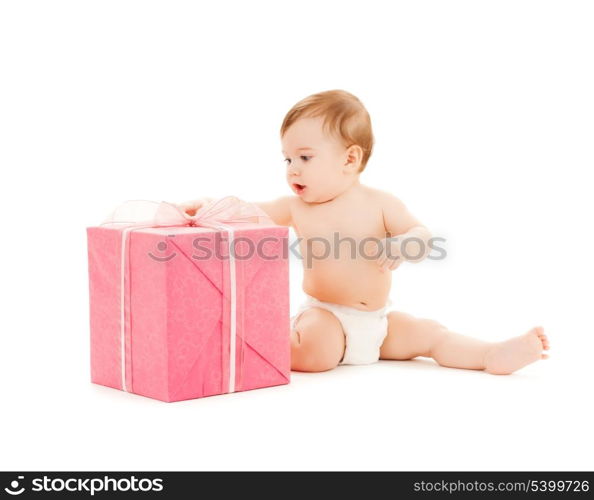 bright picture of happy child with gift box.