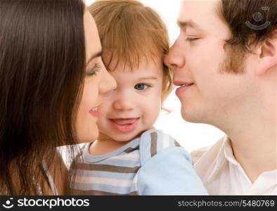 bright picture of happy family over white (focus on baby)