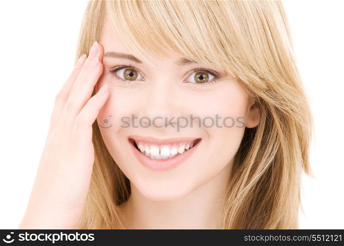 bright picture of happy girl face over white