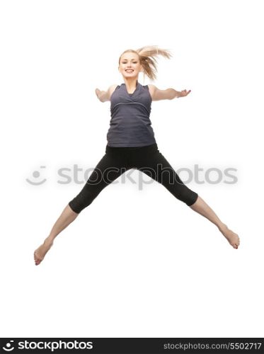 bright picture of happy jumping sporty girl