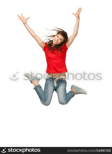 bright picture of happy jumping teenage girl