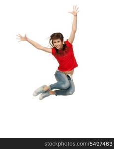 bright picture of happy jumping teenage girl