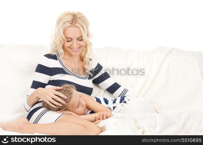 bright picture of happy mother and sleeping girl.