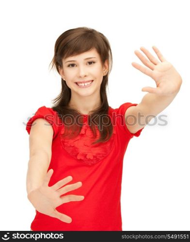 bright picture of happy teenage girl showing her palms