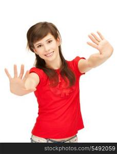 bright picture of happy teenage girl showing her palms