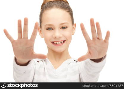 bright picture of happy teenage girl showing her palms