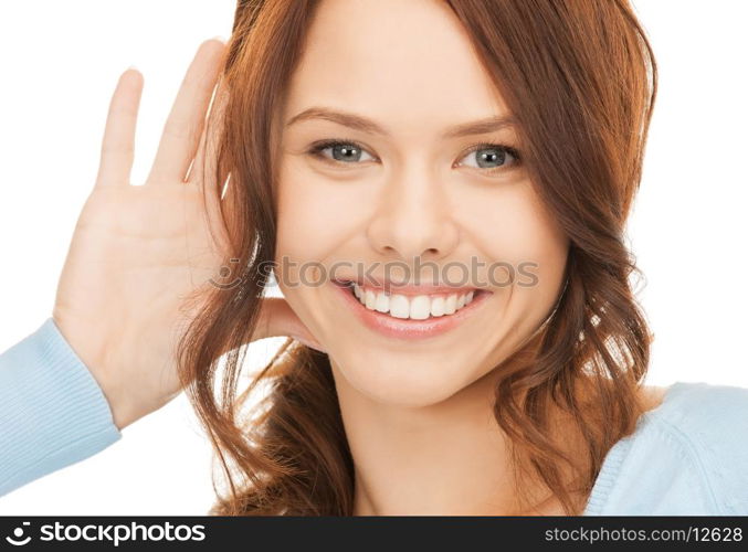 bright picture of happy woman listening gossip