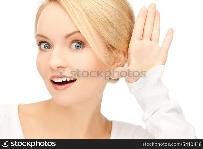 bright picture of happy woman listening gossip