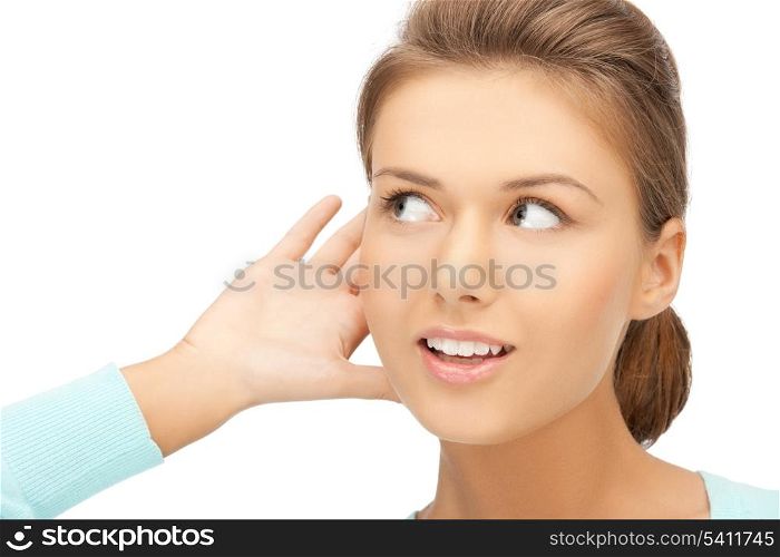 bright picture of happy woman listening gossip