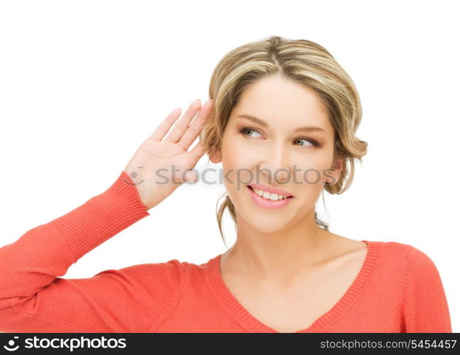 bright picture of happy woman listening gossip