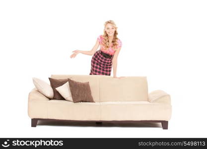 bright picture of happy woman on sofa