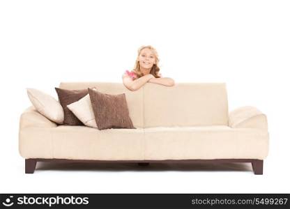 bright picture of happy woman on sofa