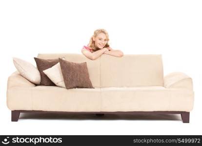 bright picture of happy woman on sofa
