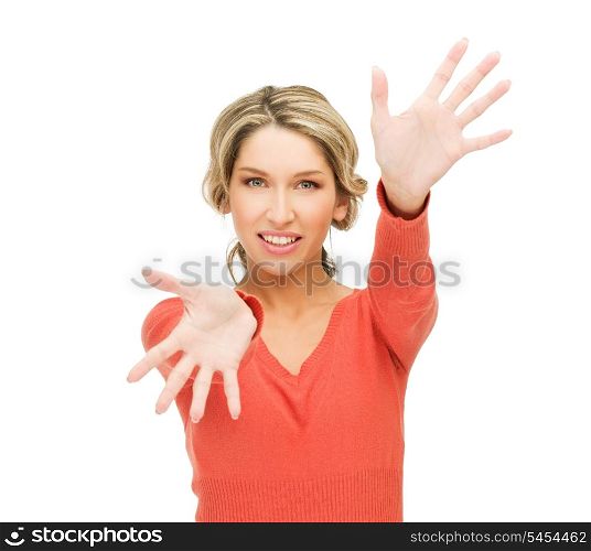 bright picture of happy woman showing her palms.