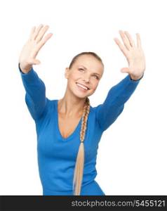 bright picture of happy woman showing her palms.