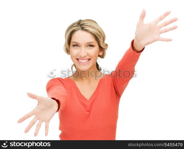 bright picture of happy woman showing her palms