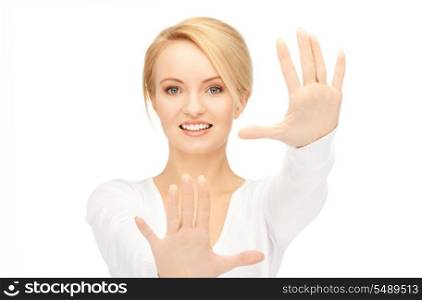 bright picture of happy woman showing her palms