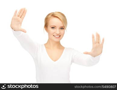 bright picture of happy woman showing her palms