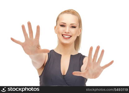 bright picture of happy woman showing her palms