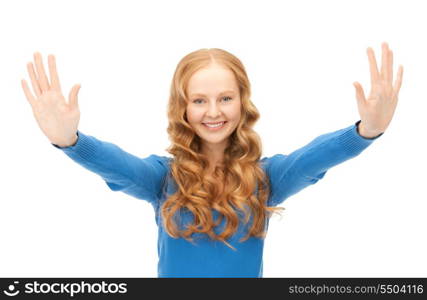 bright picture of happy woman showing her palms