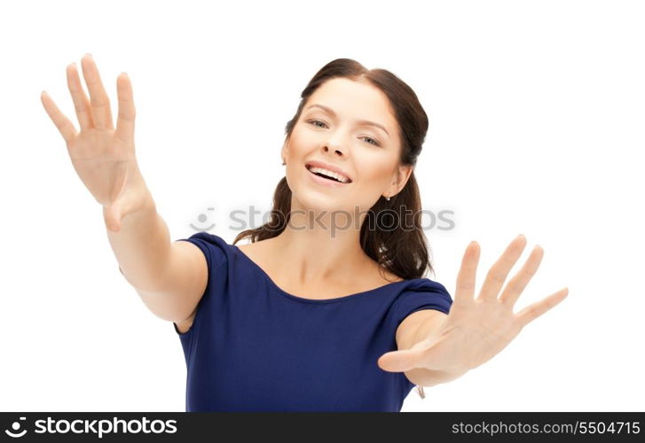 bright picture of happy woman showing her palms