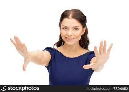 bright picture of happy woman showing her palms