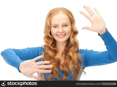 bright picture of happy woman showing her palms