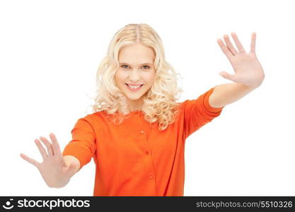 bright picture of happy woman showing her palms